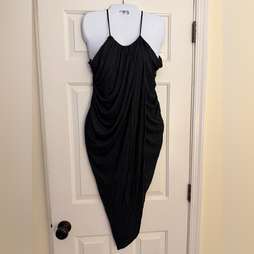 H&M Black Ruched Halter Dress Asymmetrical Hem Minimalist Midi Size 4